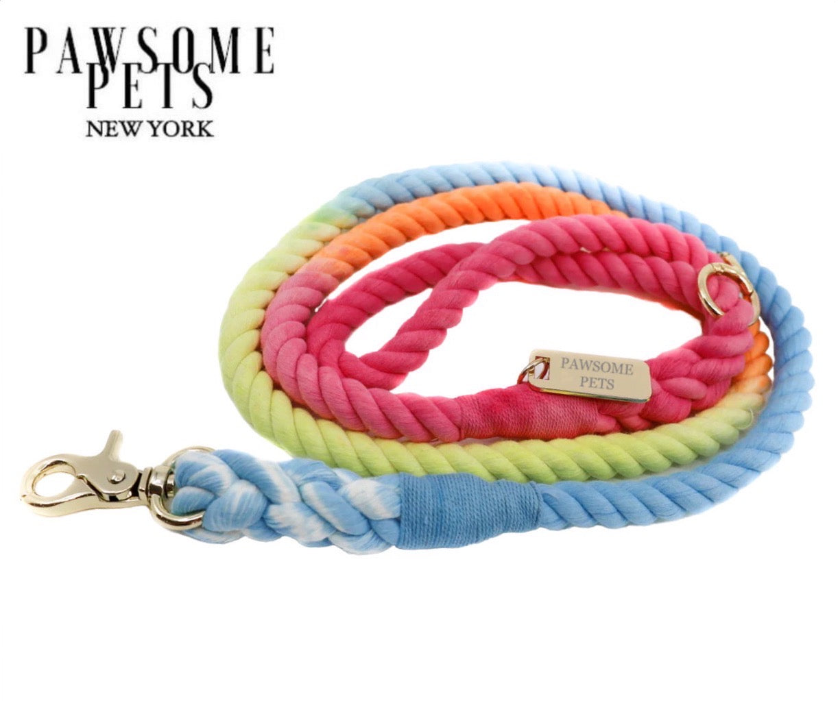 Colorful Pawsome Rope Leash made of 100% cotton with luxe hardware and matching charm, perfect for summer walks.