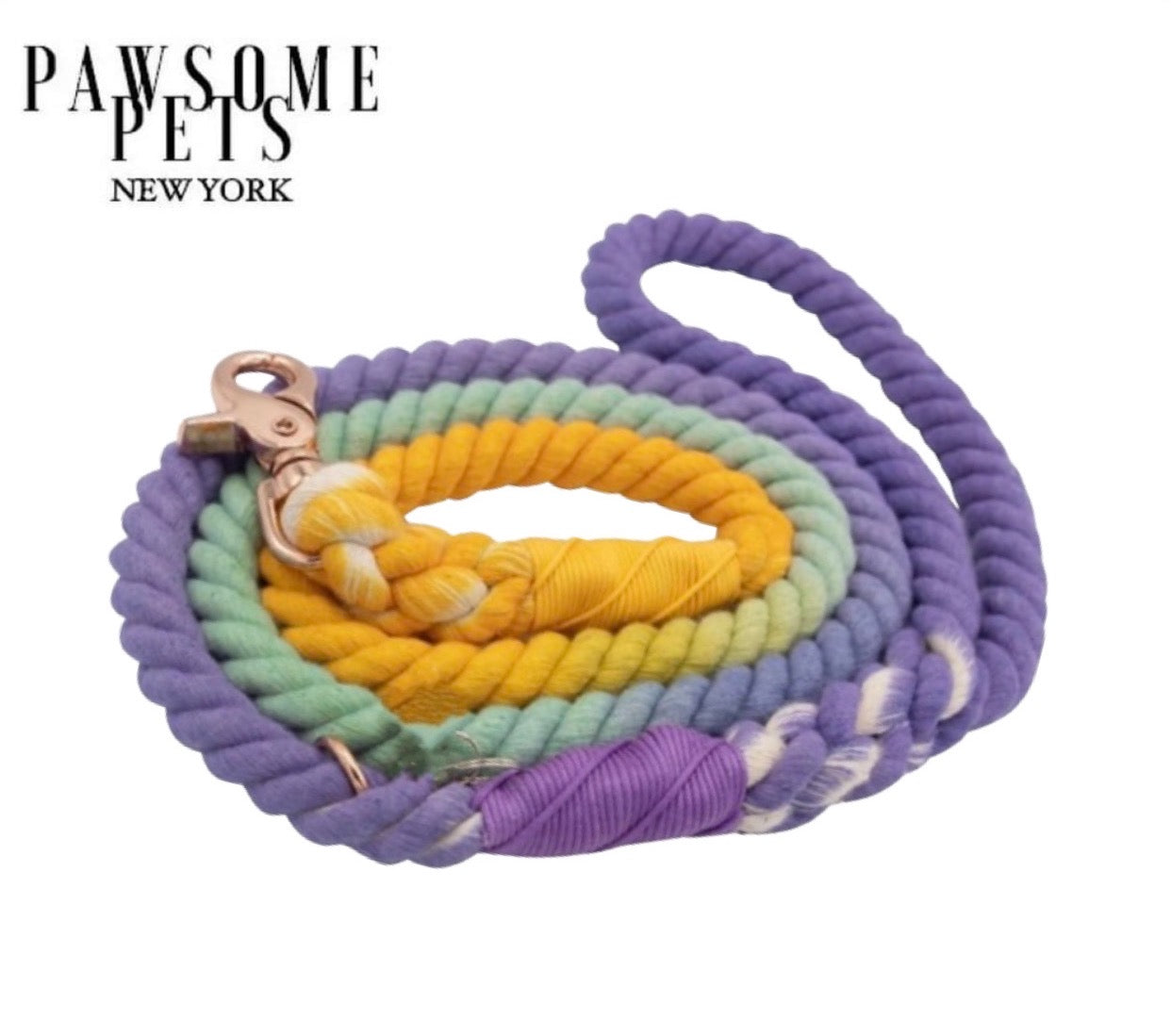 A vibrant sunset-colored rope leash made of 100% cotton, featuring luxe hardware and a matching dog charm.