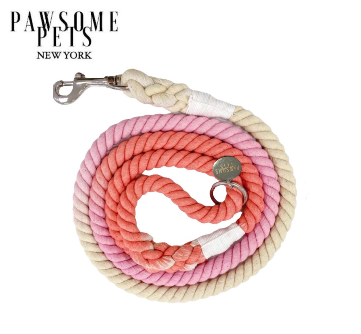 A colorful Pawsome Rope Leash made from 100% cotton, featuring luxe hardware and a matching dog charm.