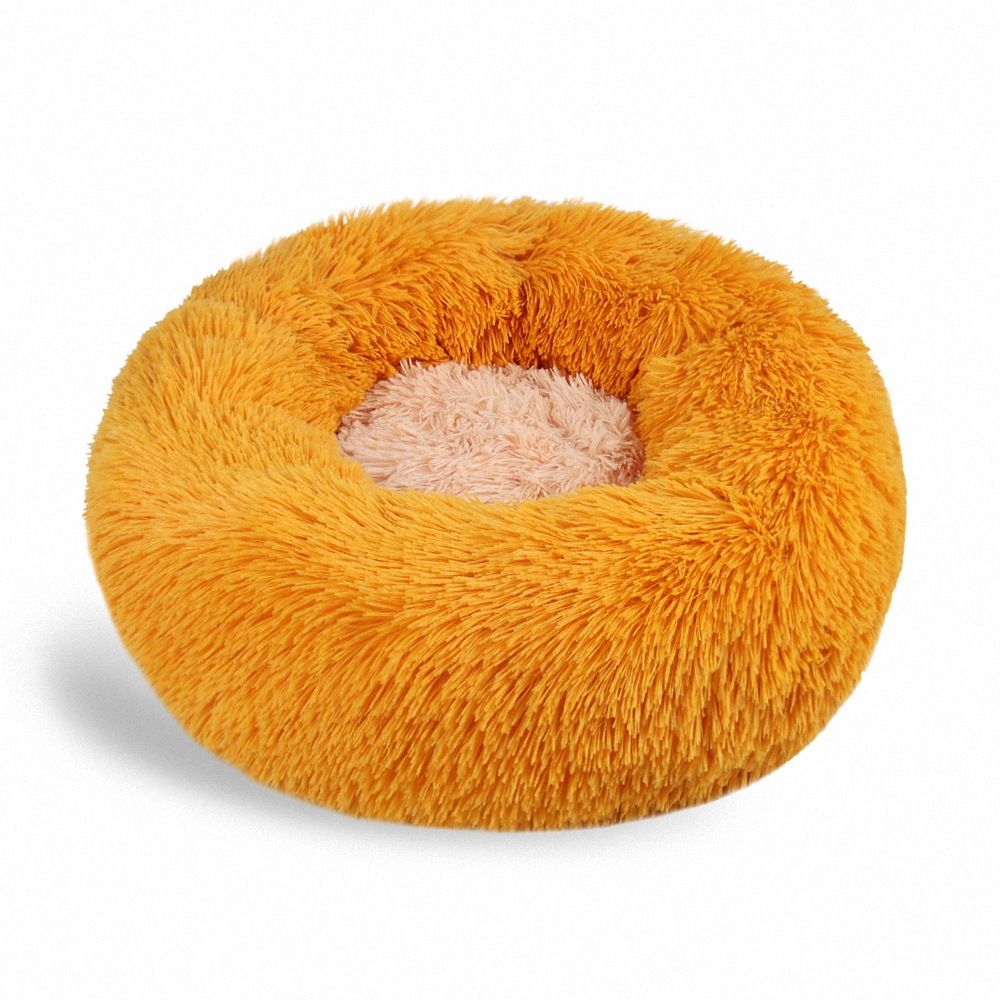 Round plush pet litter in color blocking design, suitable for cats and dogs, featuring anti-skid fabric and thermal insulation.