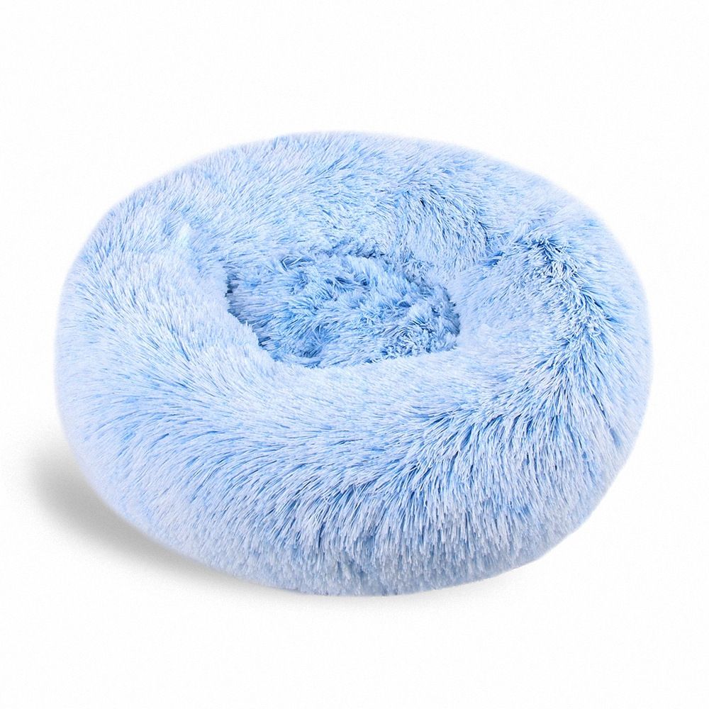 Round plush pet litter in color blocking design, suitable for cats and dogs, featuring anti-skid fabric and thermal insulation.