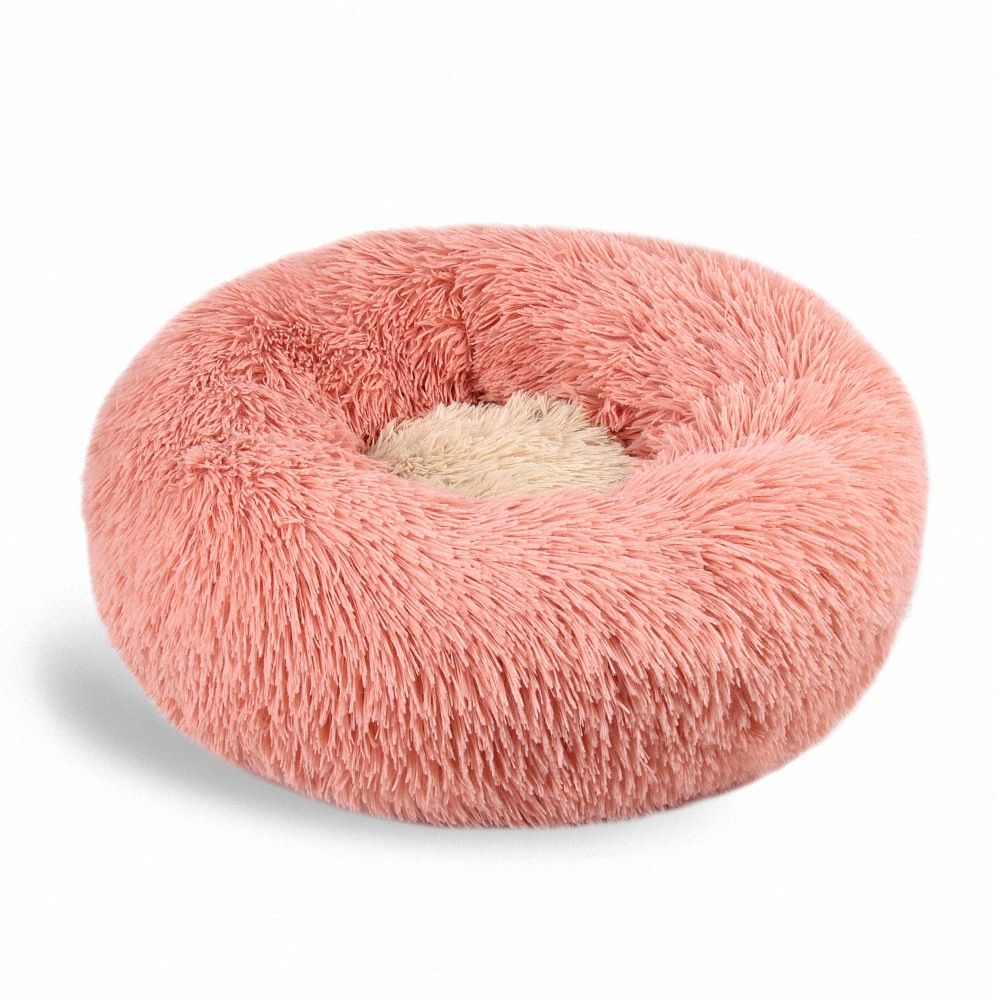 Round plush pet litter in color blocking design, suitable for cats and dogs, featuring anti-skid fabric and thermal insulation.
