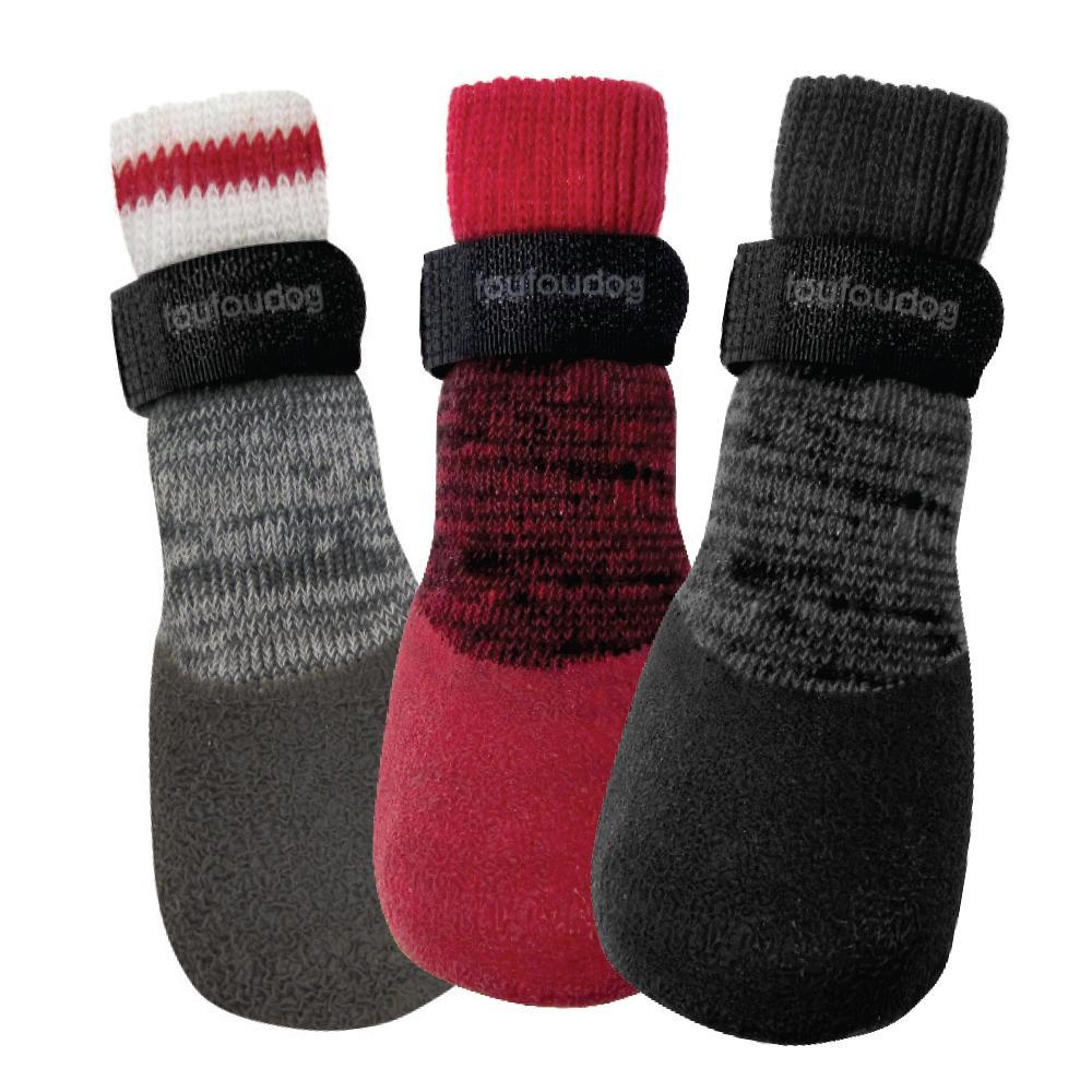 A pair of Rubber Dipped Socks designed for pets, featuring a textured rubber sole and a velcro strap for secure fit.
