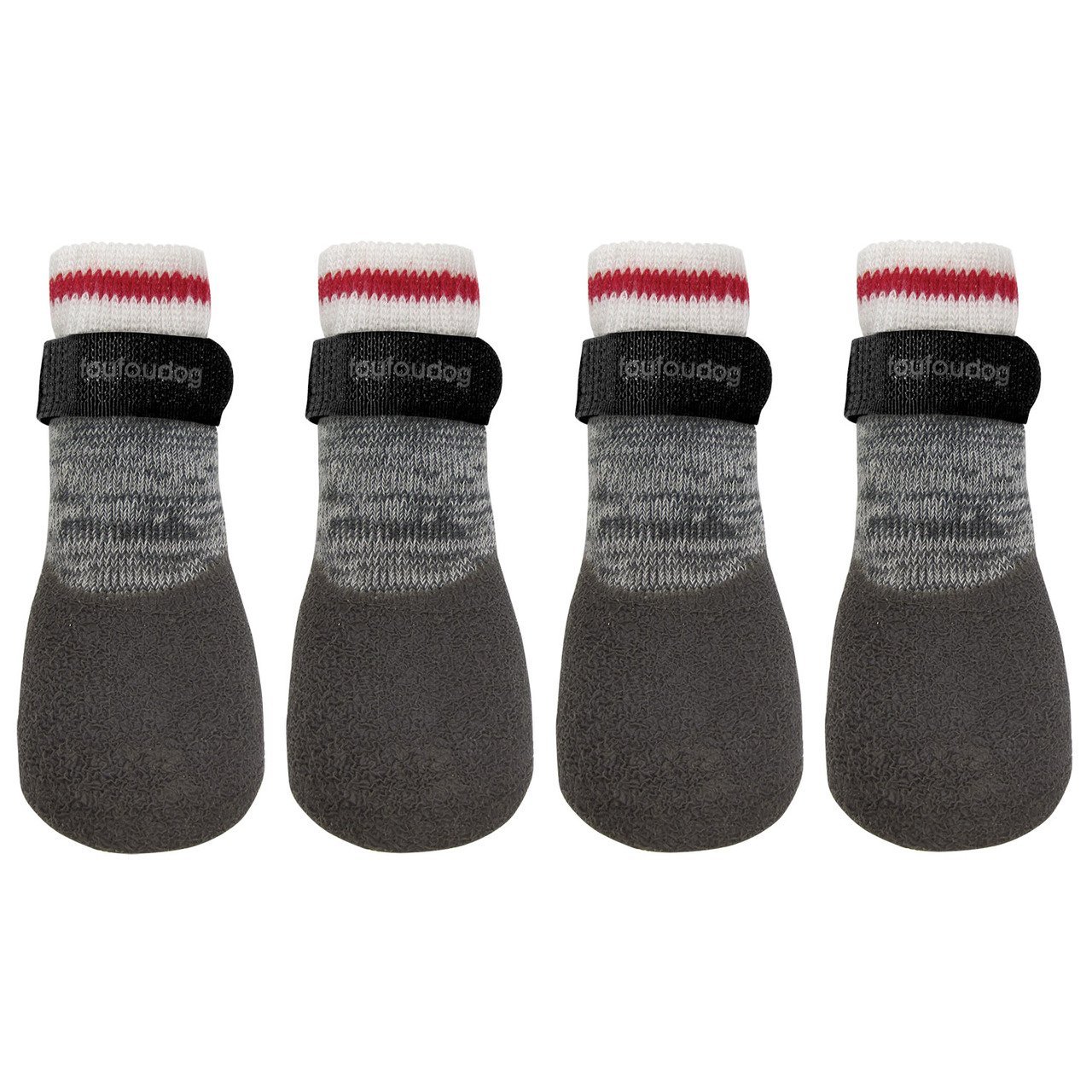 A pair of Rubber Dipped Socks designed for pets, featuring a textured rubber sole and a velcro strap for secure fit.