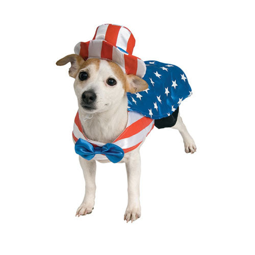 Small dog wearing a vibrant red, white, and blue Uncle Sam costume with a matching hat, perfect for festive celebrations.