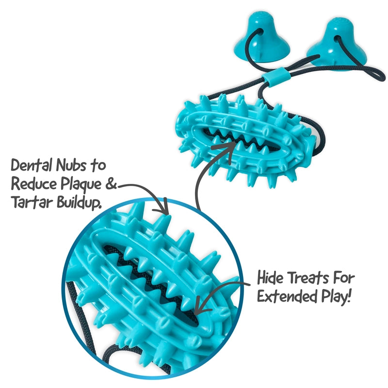 Ruff & Ready Solo Chew & Tug Toy featuring durable TPR and polyester materials, ergonomic handle, and strong suction cups for independent play.