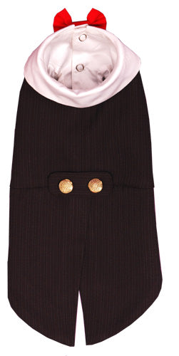 A stylish black tuxedo for pets featuring a three-button design, red bow tie, and gold buttons, perfect for formal occasions.