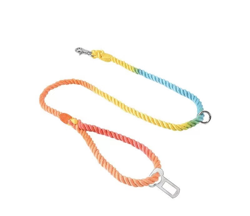Classic Rainbow Safety Rope Seat Belt for dogs, made from hand-woven cotton rope with a solid brass trigger snap.