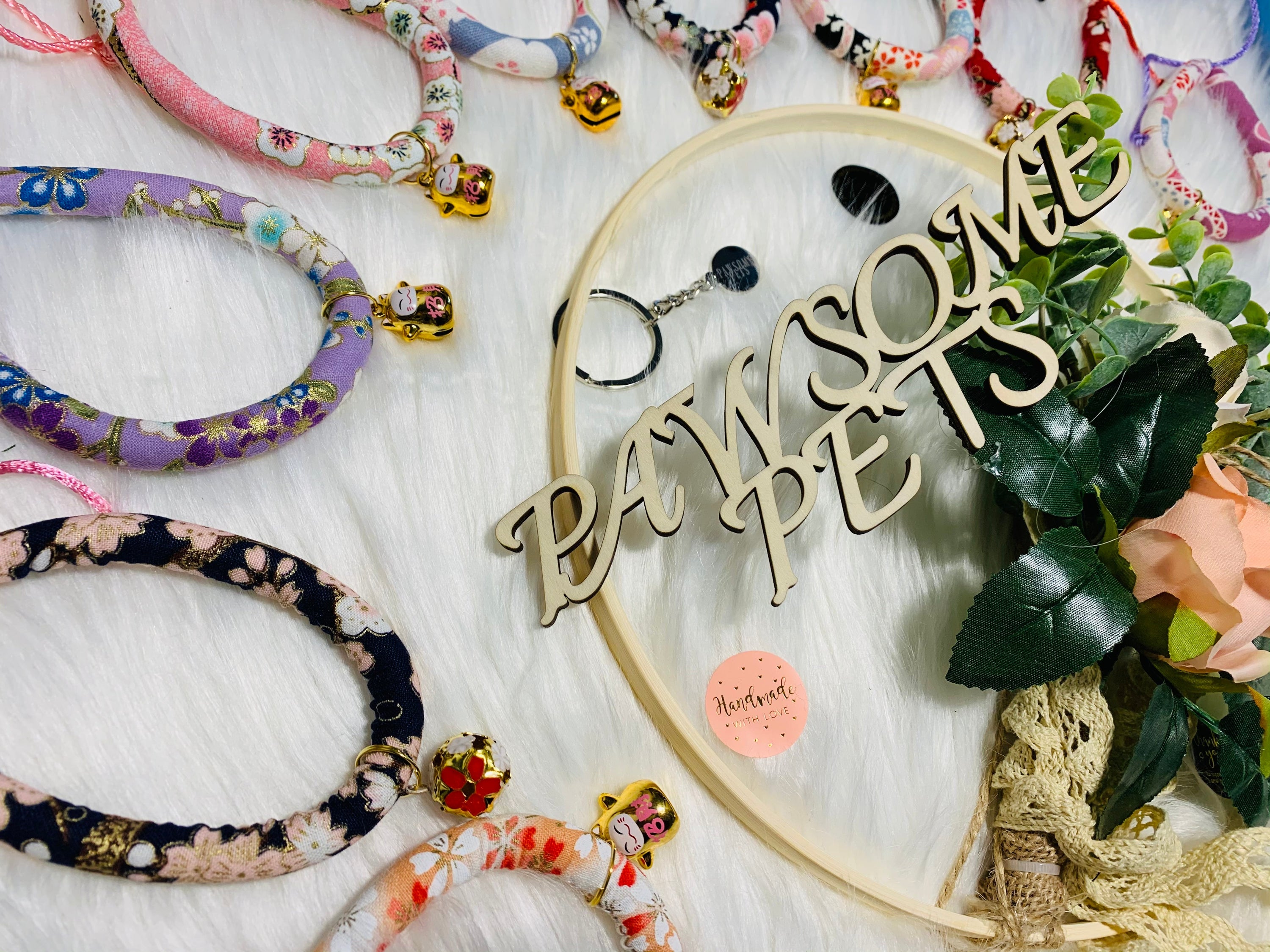 Sakura Pattern Cotton Collar for Cats and Dogs, featuring a beautiful cherry blossom design, handmade in Canada with high-quality materials.