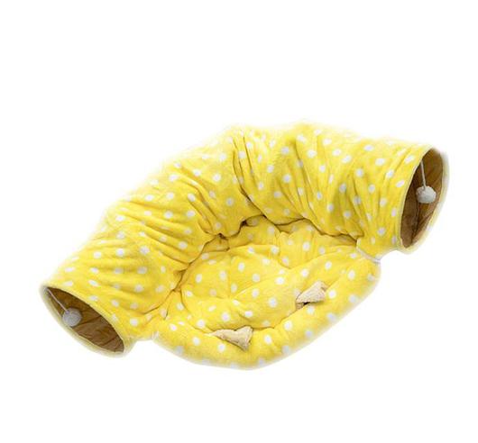 Soft Cat Tunnel with Bed Mat featuring a velvety exterior, pom-pom balls, and a removable sleeping mat.