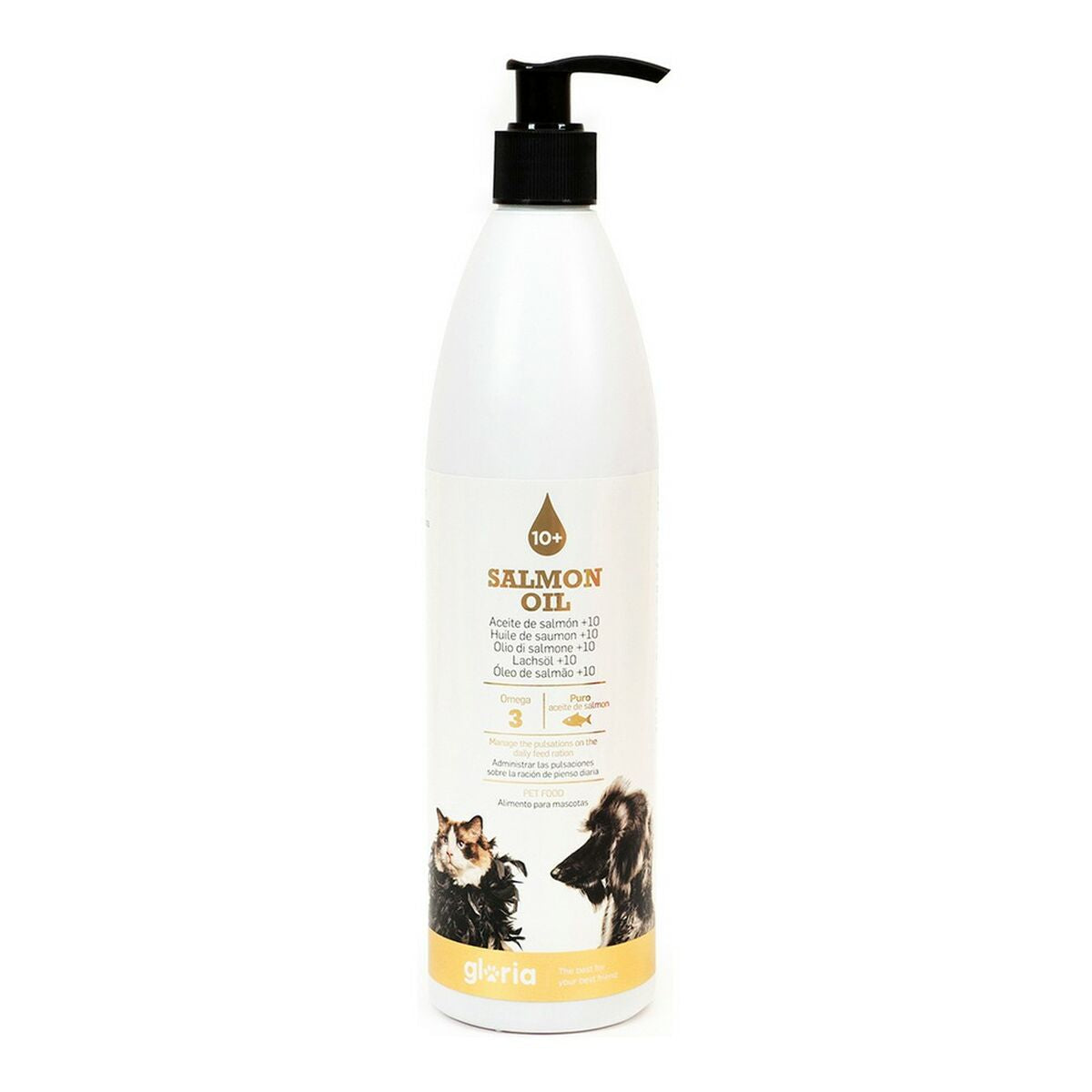 A 500 ml bottle of Salmon Oil Gloria, designed for dogs and cats, showcasing its premium quality and health benefits.