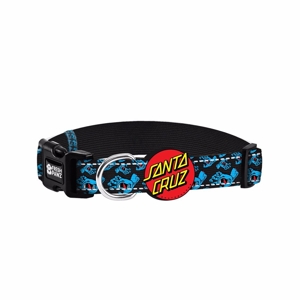 Santa Cruz x Fresh Pawz collar featuring vibrant skateboarding designs, perfect for stylish pets.