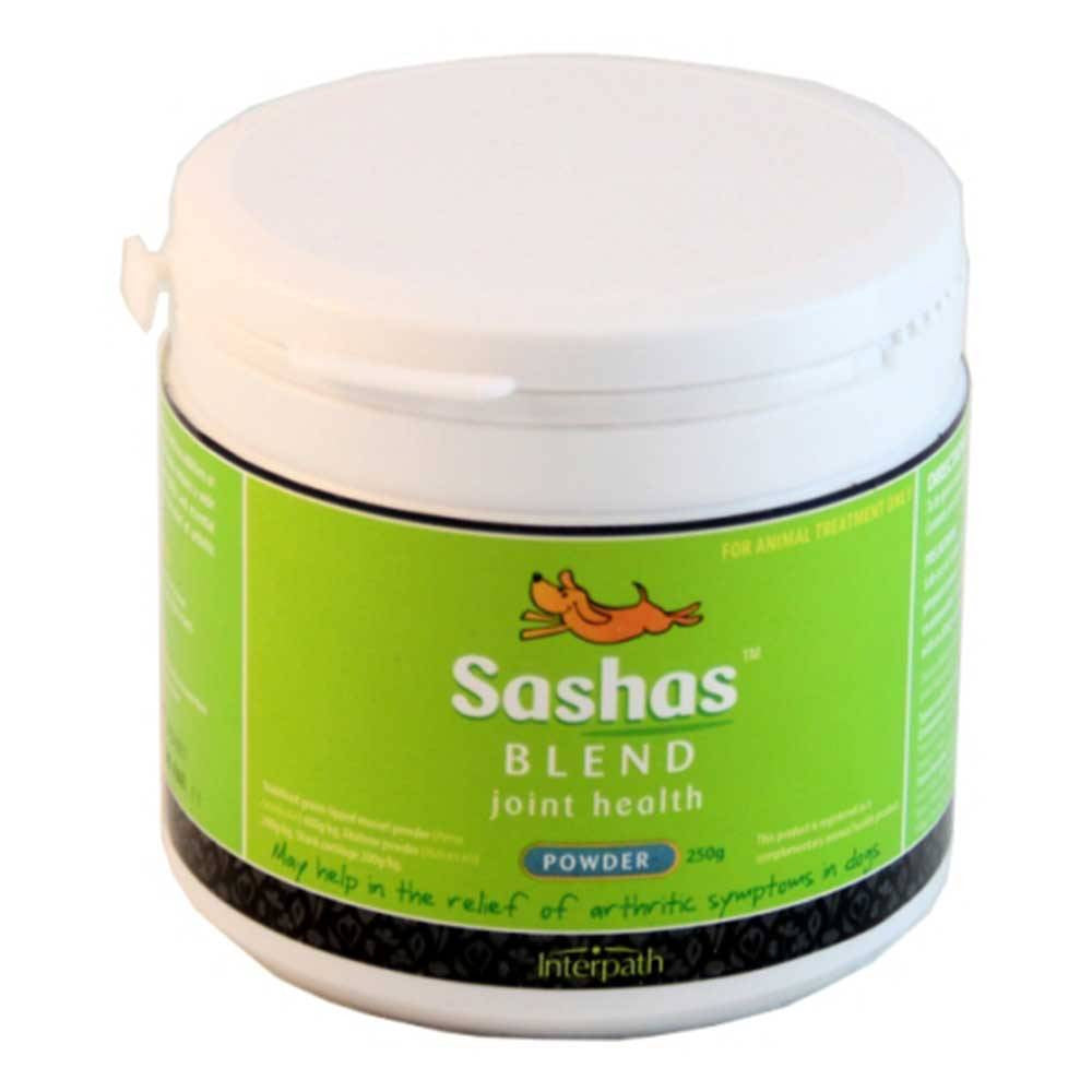 Sashas Blend Joint Health Powder Supplement for Dogs in a container, showcasing its natural ingredients and packaging design.