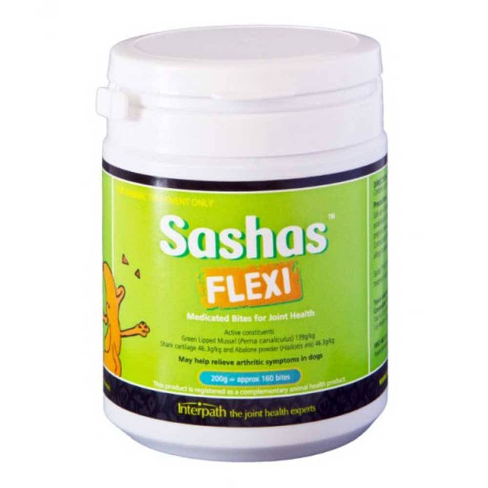 Sashas FLEXI Medicated Bites for Dogs Joint Health, a pack of bite-sized treats designed to support joint mobility and health in dogs.