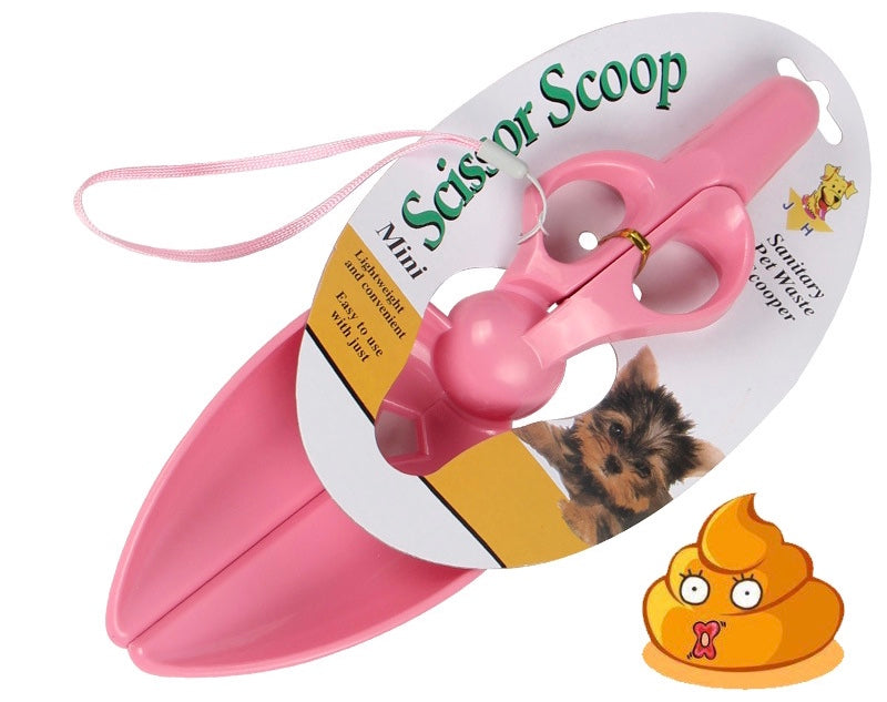 A Scissor Scoop designed for pet waste cleanup, featuring an ergonomic handle and a wide scoop head for easy waste collection.