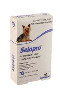 Selapro® Spot On treatment for very small dogs, featuring a pipette for easy application, designed to prevent fleas, heartworm, and intestinal worms.
