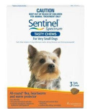 Sentinel Spectrum for Very Small Dogs 3 Pack, featuring three tasty chews in a colorful packaging designed for heartworm and flea prevention.