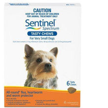 Sentinel Spectrum Tasty Chews for Very Small Dogs under 9lbs, 6 pack, designed for parasite prevention and flea control.