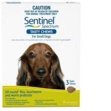 Sentinel Spectrum Small Dog 3 Pack featuring three tasty chews for heartworm, flea, and intestinal worm prevention.