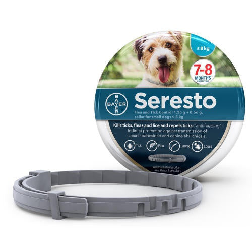 Seresto Flea & Tick Collar for Dogs, showcasing its design and packaging, ideal for effective pest prevention.