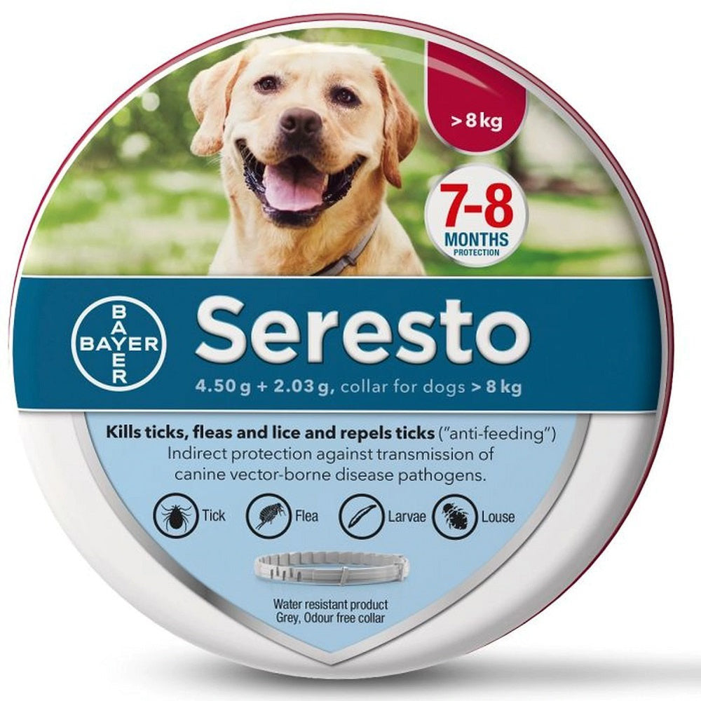 Seresto Flea & Tick Collar for Dogs, showcasing its design and packaging, ideal for effective pest prevention.