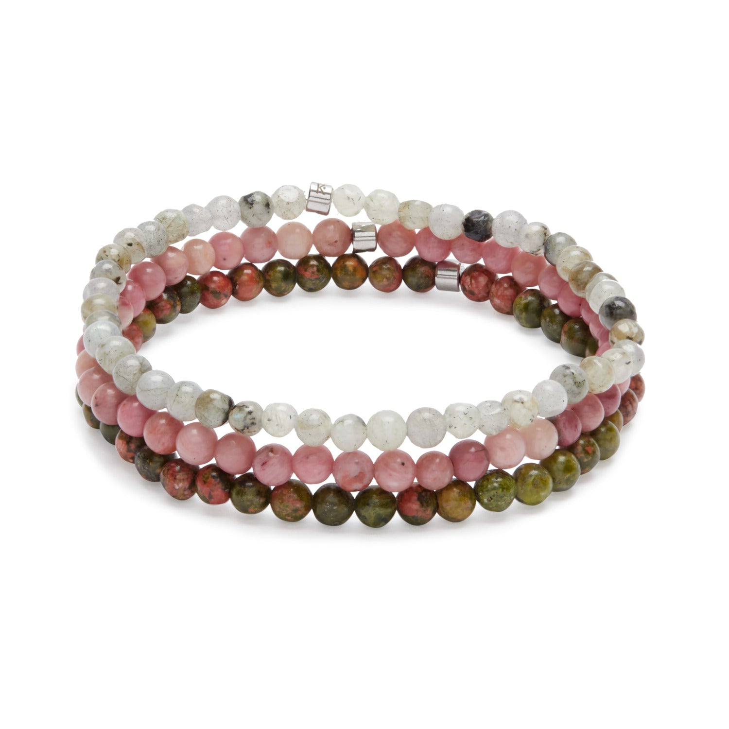 Set de 3 Mini Bracelets 'Guérison du Coeur' avec pierres de rhodonite, labradorite et unakite, sur fond neutre.