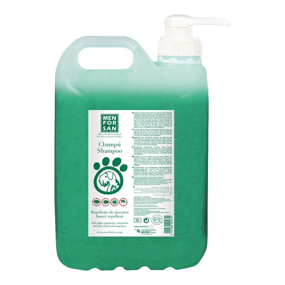 5-liter bottle of Shampoo Menforsan Dog Insect Repellant with Citronela, designed for effective insect protection and pet grooming.
