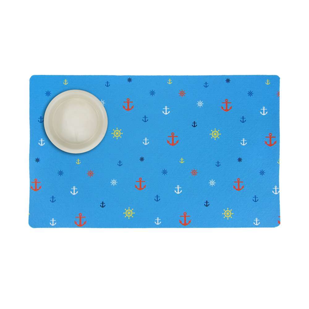 Colorful Ship Wheels & Anchors Dog Mat with slip-resistant backing, perfect for pet feeding areas.
