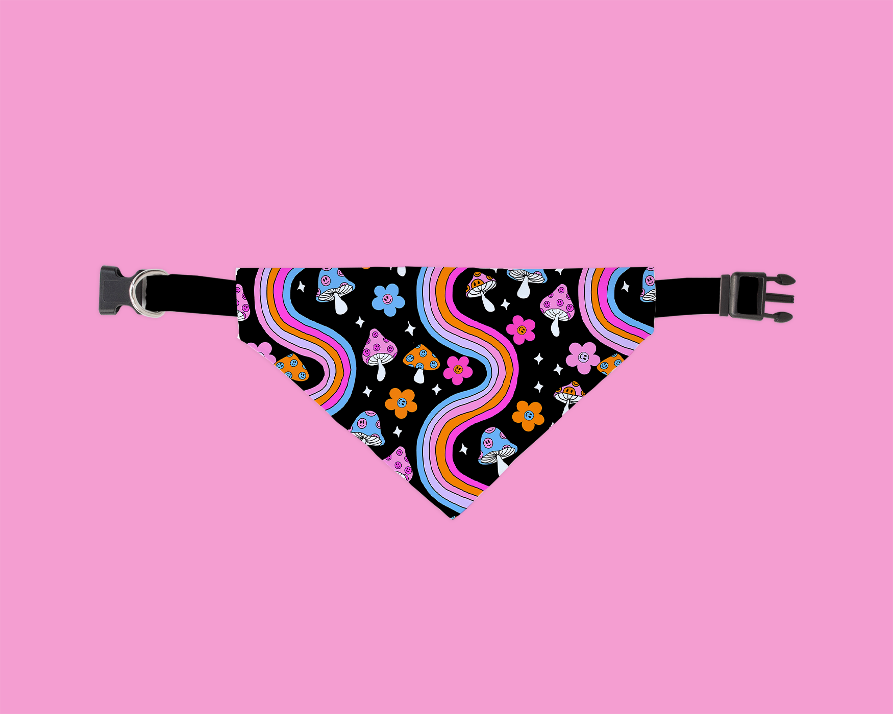A colorful Shroomin Bandana featuring vibrant mushroom patterns, designed for dogs to wear comfortably over their collars.
