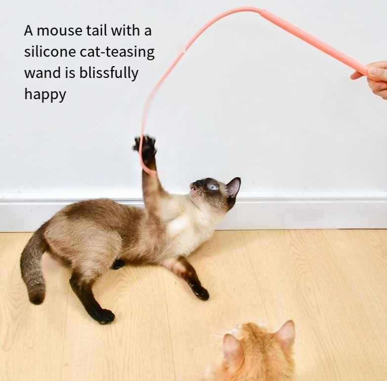 Silicone cat teaser pole with a mouse tail, designed for interactive play, showcasing its flexible and durable silicone material.