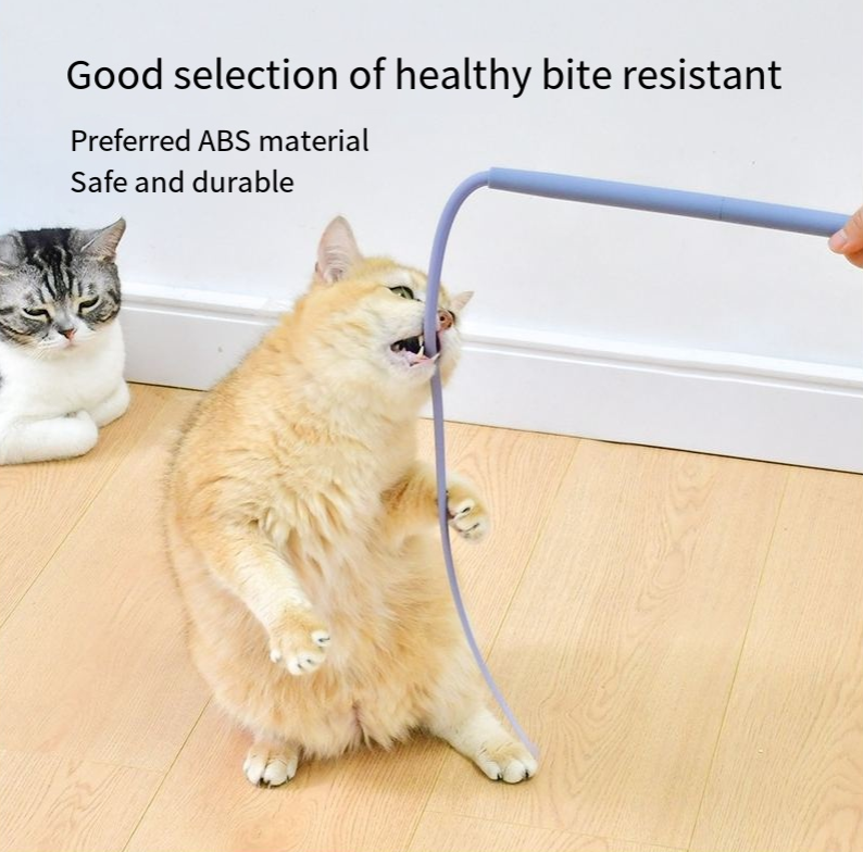 Silicone cat teaser pole with a mouse tail, designed for interactive play, showcasing its flexible and durable silicone material.