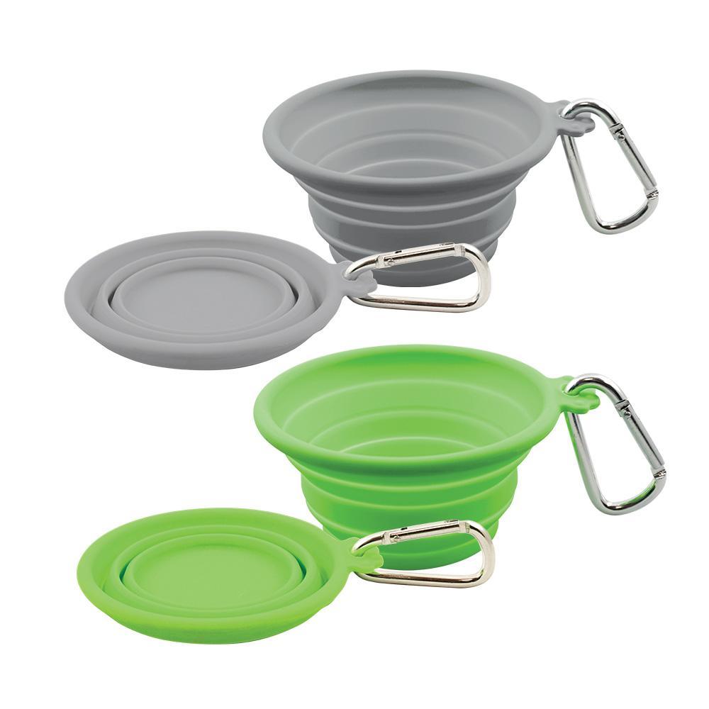 Silicone Collapsible Travel Bowl in Lime Green and Grey, showcasing its compact and portable design with a carabiner attached.