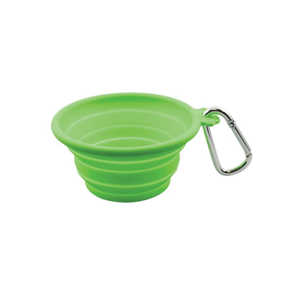Silicone Collapsible Travel Bowl in Lime Green and Grey, showcasing its compact and portable design with a carabiner attached.