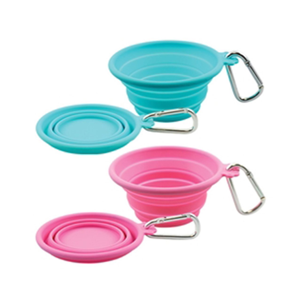 Silicone Collapsible Travel Bowl in Lime Green and Grey, showcasing its compact and portable design with a carabiner attached.