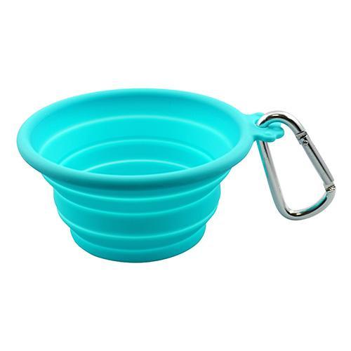 Silicone Collapsible Travel Bowl in Lime Green and Grey, showcasing its compact and portable design with a carabiner attached.