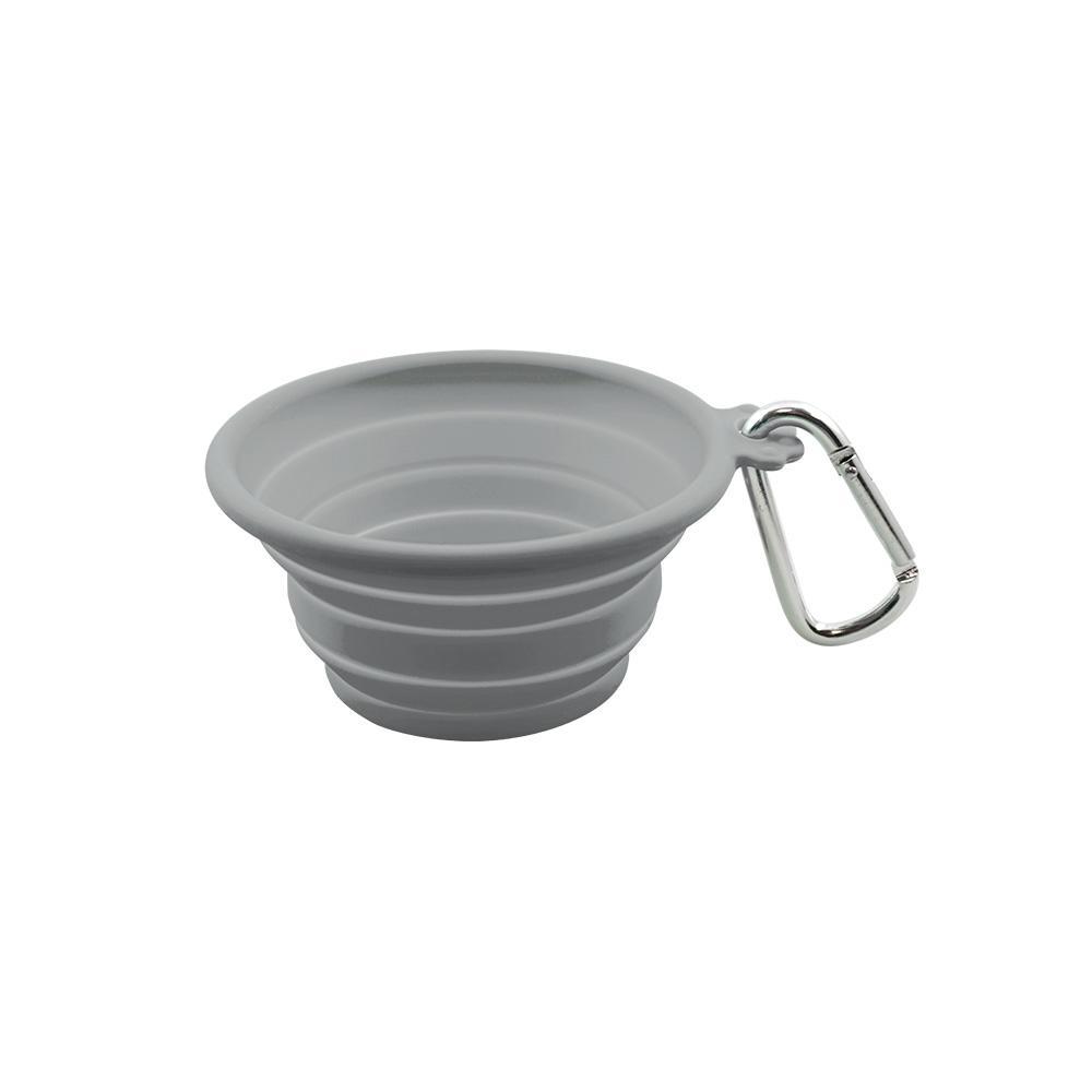 Silicone Collapsible Travel Bowl in Lime Green and Grey, showcasing its compact and portable design with a carabiner attached.