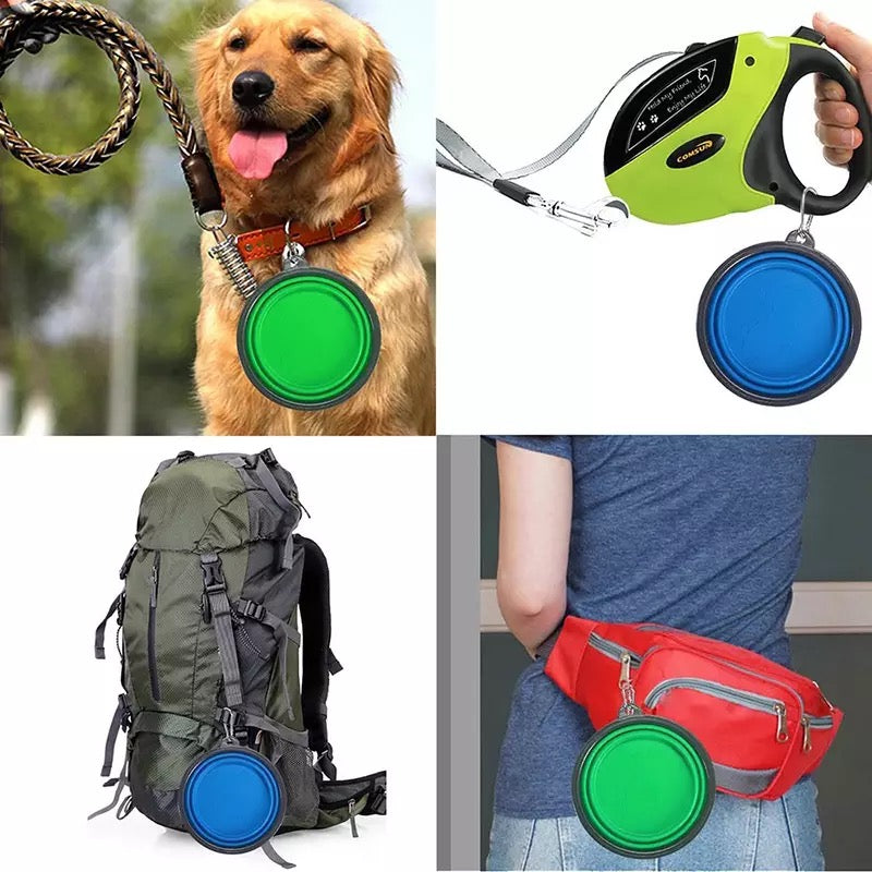 Silicone dog feeder bowl in vibrant color, featuring a carabiner for easy attachment, ideal for travel and outdoor use.