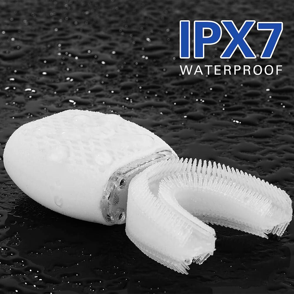Silicone Electric Toothbrush 360° in black, showcasing its U-shaped design and waterproof features.