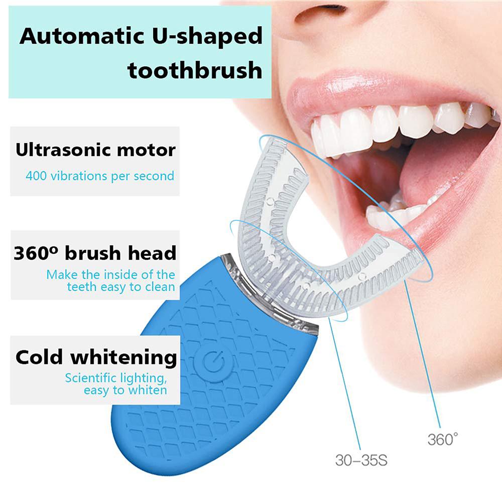 Silicone Electric Toothbrush 360° in black, showcasing its U-shaped design and waterproof features.