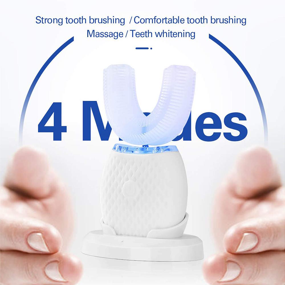 Silicone Electric Toothbrush 360° in black, showcasing its U-shaped design and waterproof features.