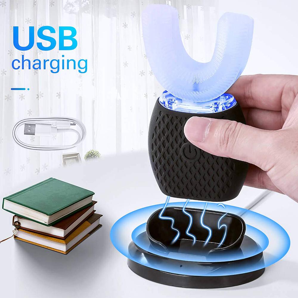 Silicone Electric Toothbrush 360° in black, showcasing its U-shaped design and waterproof features.