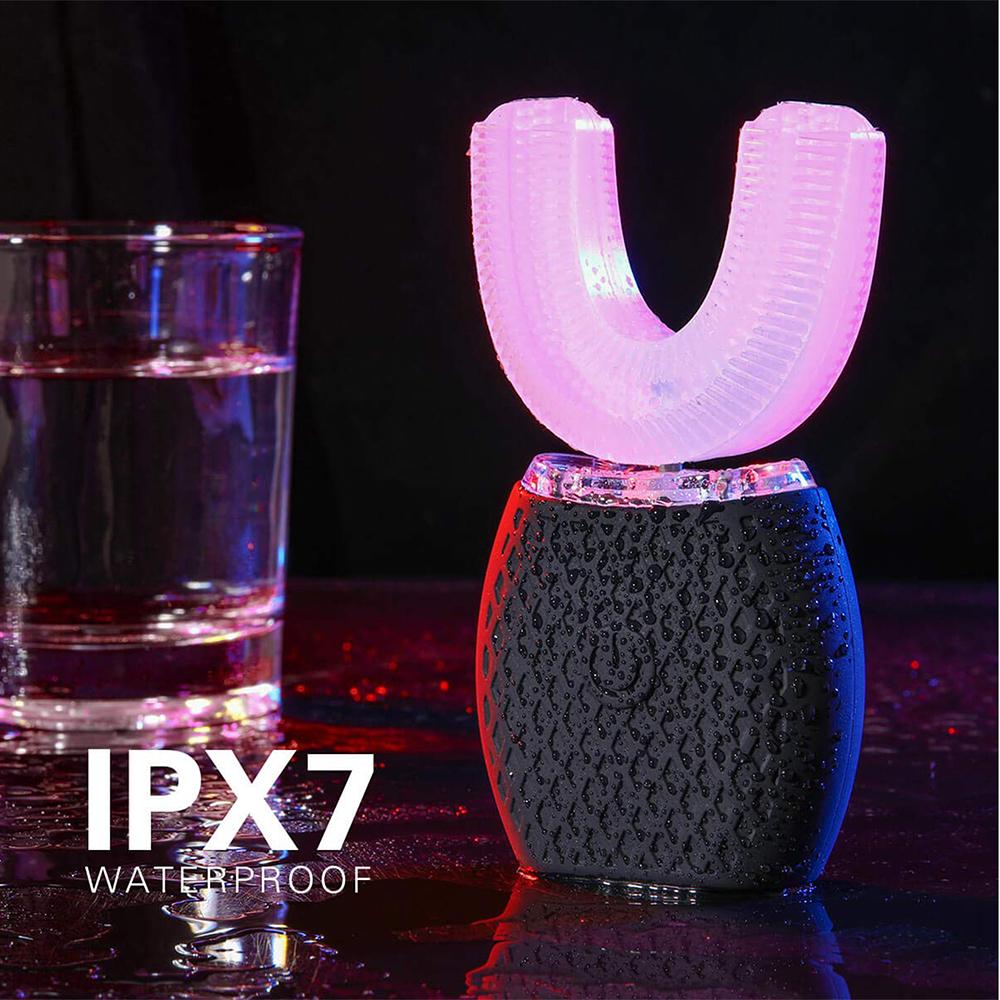 Silicone Electric Toothbrush 360° in black, showcasing its U-shaped design and waterproof features.