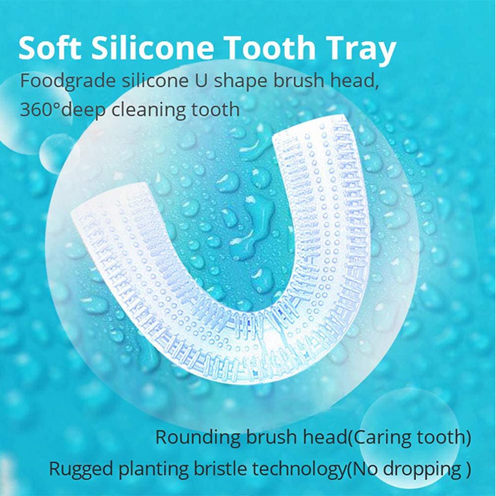 Silicone Electric Toothbrush 360° in black, showcasing its U-shaped design and waterproof features.