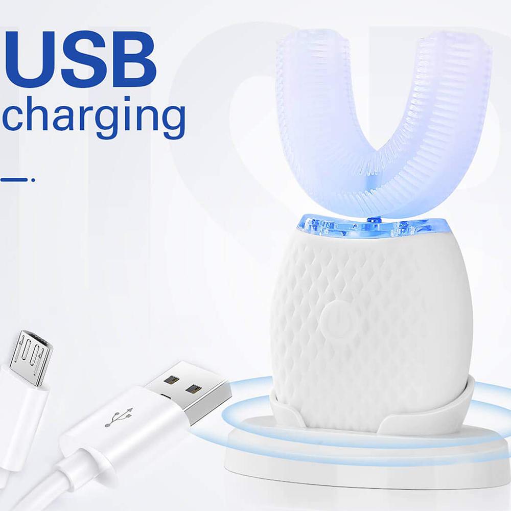 Silicone Electric Toothbrush 360° in black, showcasing its U-shaped design and waterproof features.