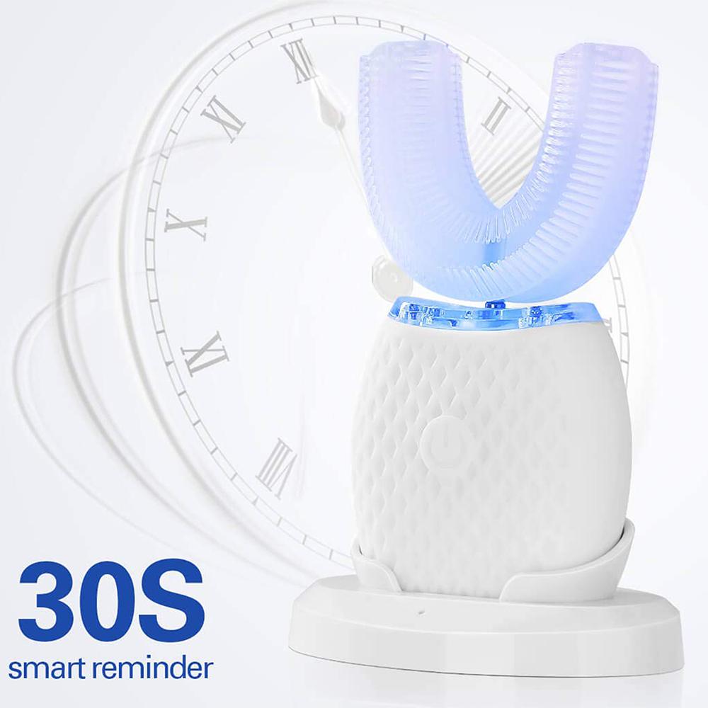 Silicone Electric Toothbrush 360° in black, showcasing its U-shaped design and waterproof features.