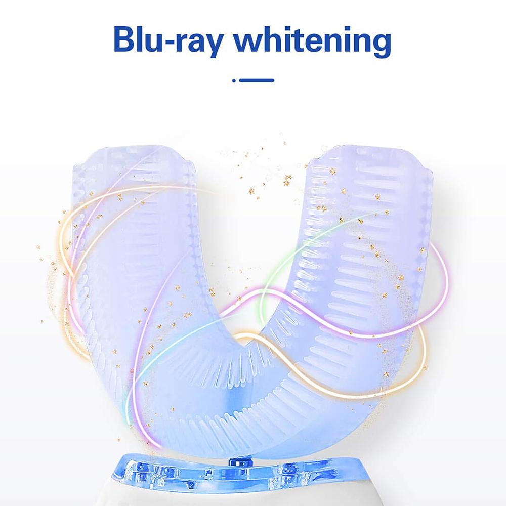 Silicone Electric Toothbrush 360° in black, showcasing its U-shaped design and waterproof features.