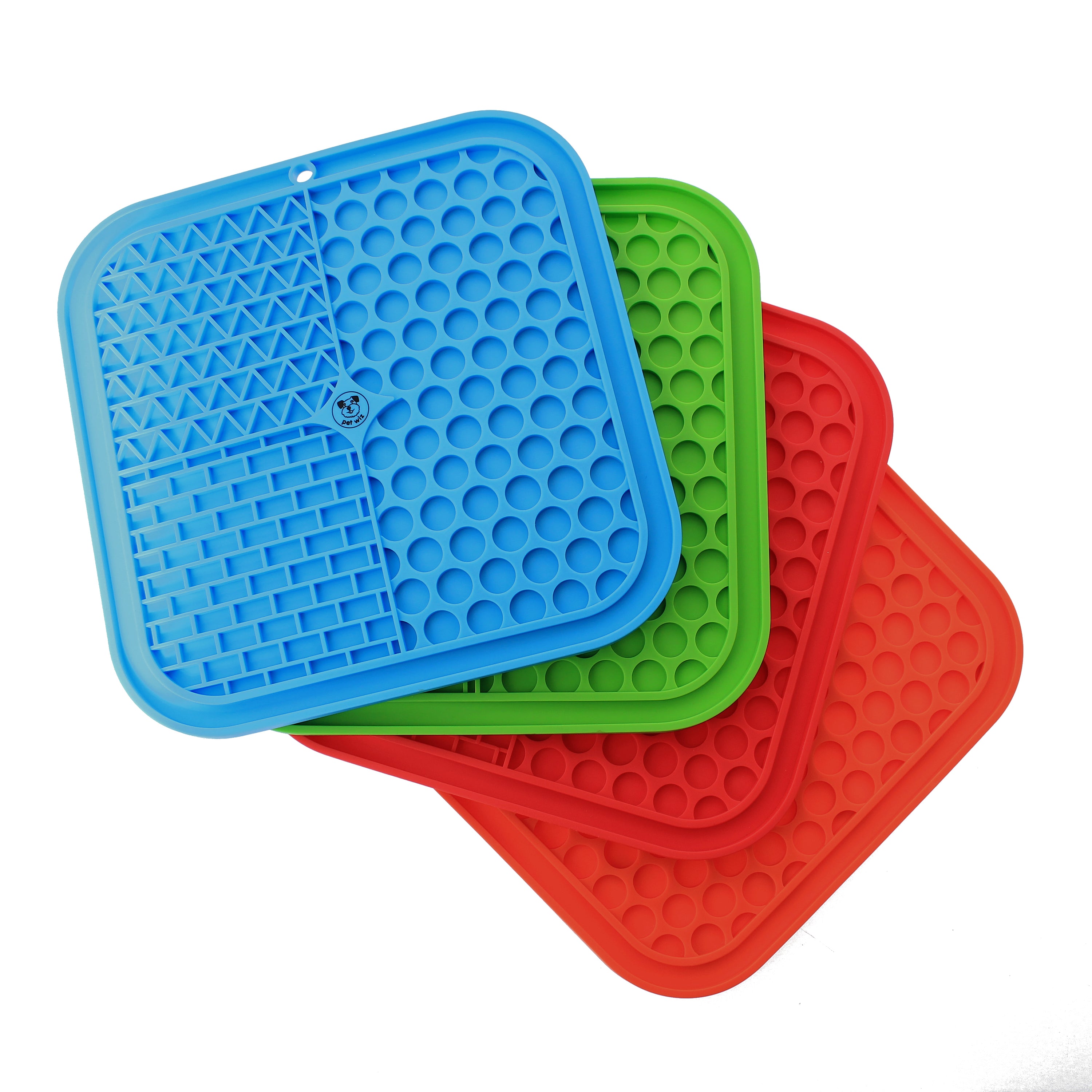 A colorful silicone licking mat designed for pets, featuring suction pads on the bottom for stability and textured surfaces for licking.