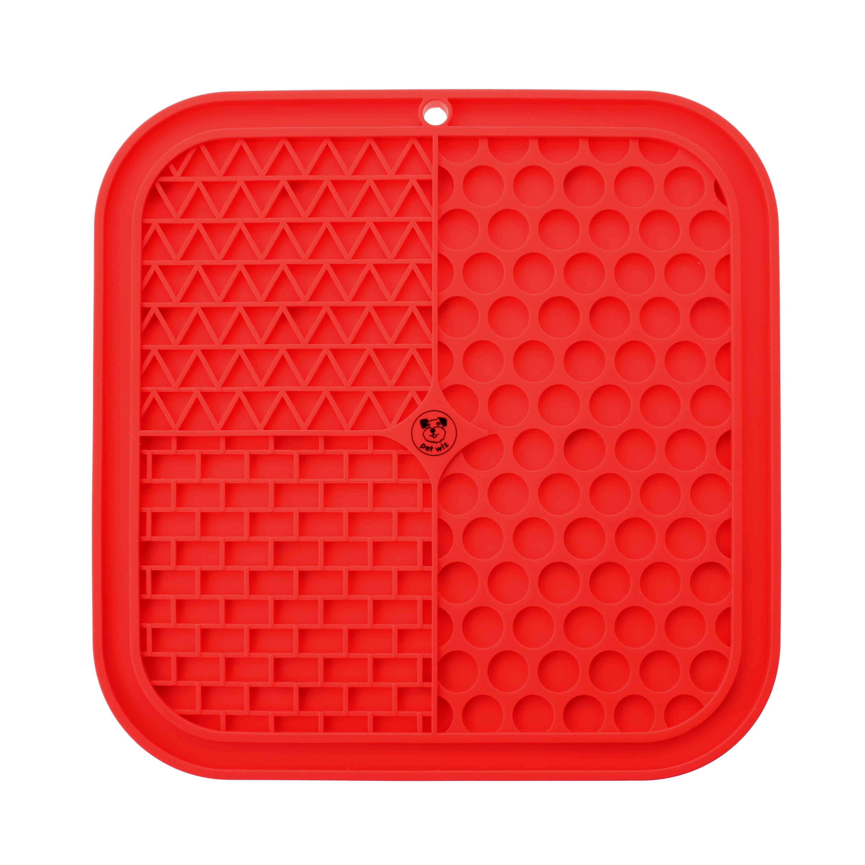 A colorful silicone licking mat designed for pets, featuring suction pads on the bottom for stability and textured surfaces for licking.