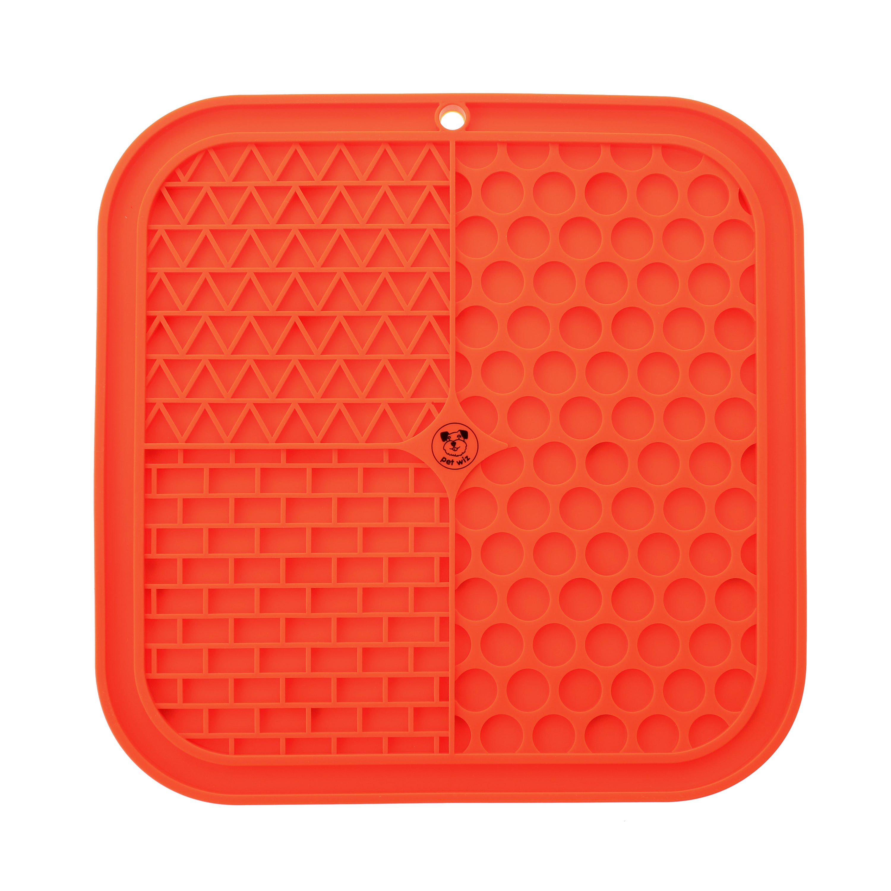 A colorful silicone licking mat designed for pets, featuring suction pads on the bottom for stability and textured surfaces for licking.