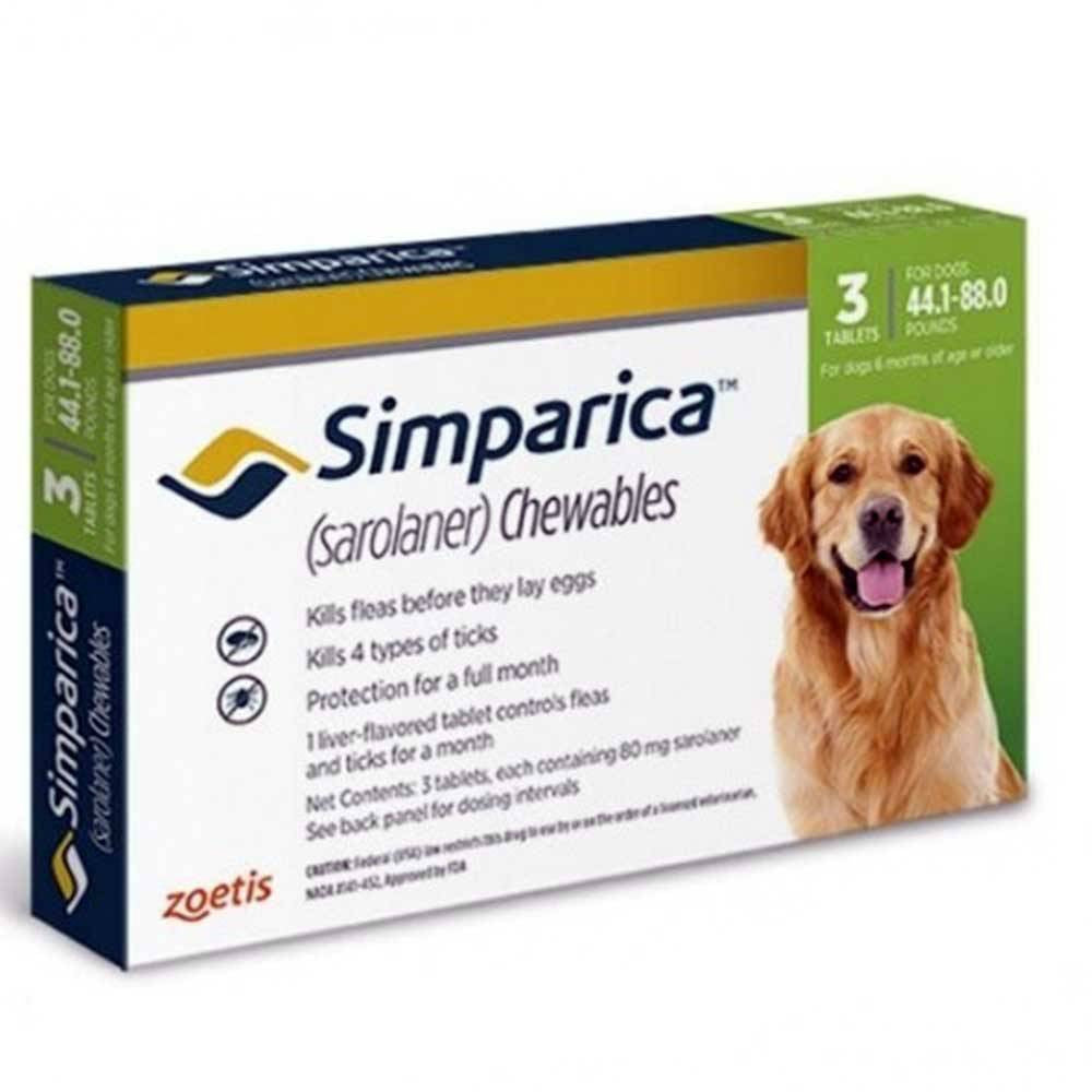 Simparica Chewables for dogs weighing 20-40 lbs, packaged in a box with three chewable tablets visible.